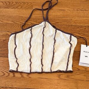 RVCA Cream Halter Crop Top with Dark Brown Contrast Trim